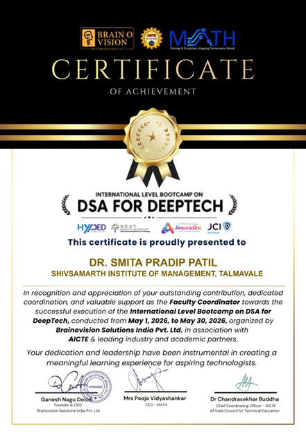 Dr. Smita Pradip Patil Honoured with Certificate of Achievement for International DeepTech Bootcamp Coordination