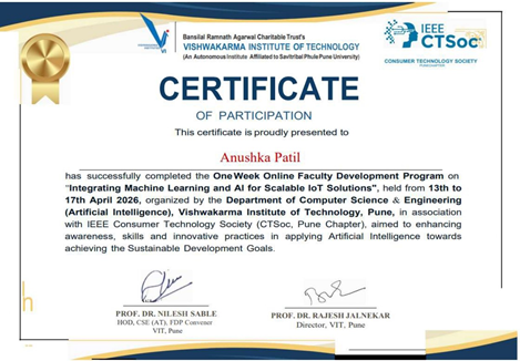 One Week Online Faculty Development Program on “Integrating Machine Learning and AI for Scalable IoT Solutions”
