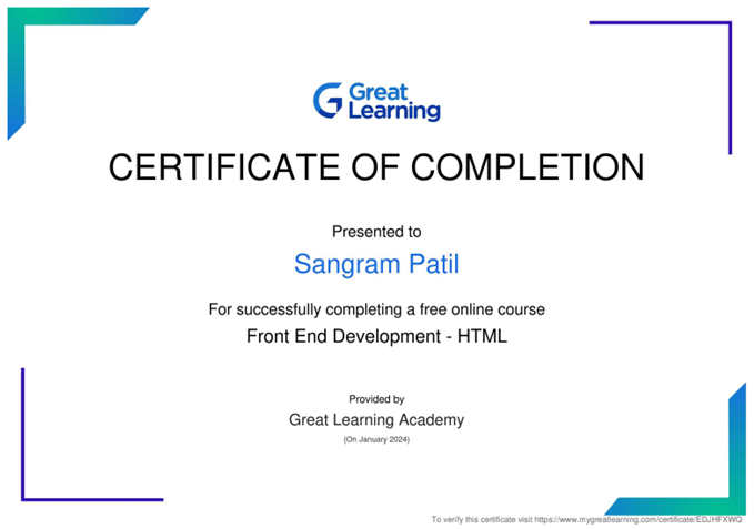 HTML Front End Development Certificate - Sangram Patil